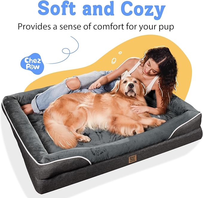Chez Paw Jumbo Waterproof Dog Bed for Giant Dogs, Extra Thick Egg-Crate Foam Orthopedic Dog Sofa with Sides & Removable Washable Cover, Non-Slip Bottom,Grey 53"x42"x8.5"