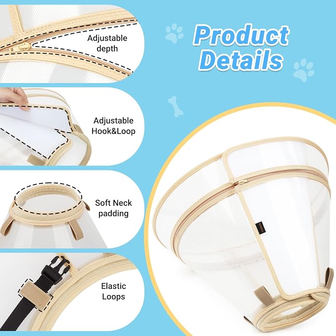Dog Cone to Stop Licking, Clear Recovery Collar with Detachable Zipper, Sturdy Elizabethan Collar for Large Medium Small Dogs, Soft Adjustable Cone After Surgery Patented, Khaki L