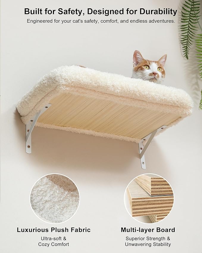 FUKUMARU Cat Wall Shelves Set, 70 Inch Stable Wall Mounted Tree, Kitten Scratching Post with Soft Cushion Perch, Space Saving Climbing Wall Furniture for 16 Inch Drywall - Beige