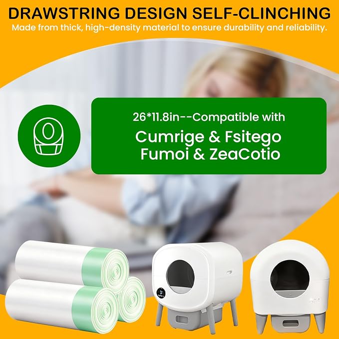 160 Count Drawstring Cat Litter Box Liners, Durable Cat Litter Bags Compatible with Cumrige & Fsitego & Fumoi & ZeaCotio Self-Cleaning Litter Box, 26"x11.8"