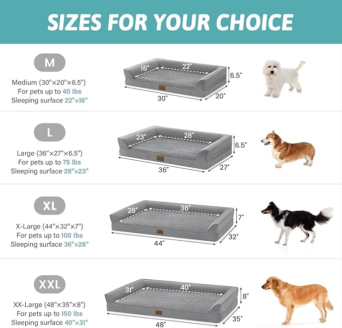 COZY KISS Dog Beds for Extra Large Dog, XXL Bolster Pet Couch with Waterproof Lining, Egg Crate Foam Sofa for Pets Up to 150 lbs, U-Shaped, 48x35x8 inch, Grey