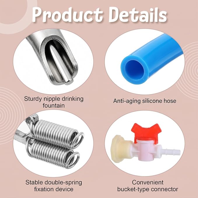 Automatic Rabbit Watering System Kit Include 16 Pcs Nipple Drinkers, 5/16" Hose, Barb Fittings to G1/2" Thread Connectors, T-Fittings, Springs, and Gaskets