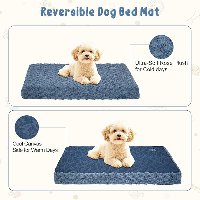 EMPSIGN Stylish Dog Bed Mat Dog Crate Pad Mattress Reversible (Cool & Warm), Water Proof Linings, Removable Machine Washable Cover, Firm Support Pet Crate Bed for Small to XX-Large Dogs, Navy/Grey