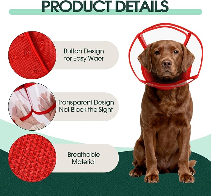 Kuoser Large Dog Cone Collar After Surgery, Soft Cone for Dogs to Stop Licking, Breathable Pet Recovery Collar Comfortable Elizabethan Collars, Adjustable Protective Dog Cones for Large Dogs, Red XL
