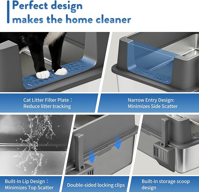 2PACK Stainless Steel Litter Box with Lid, XXXL Metal Litter Boxes for Big Cats and Kitten, Three Extra Large High Sided Littter Box,Odorless,Non-Stick,Easy Cleaning,Scoops Included (2, XXX-L)