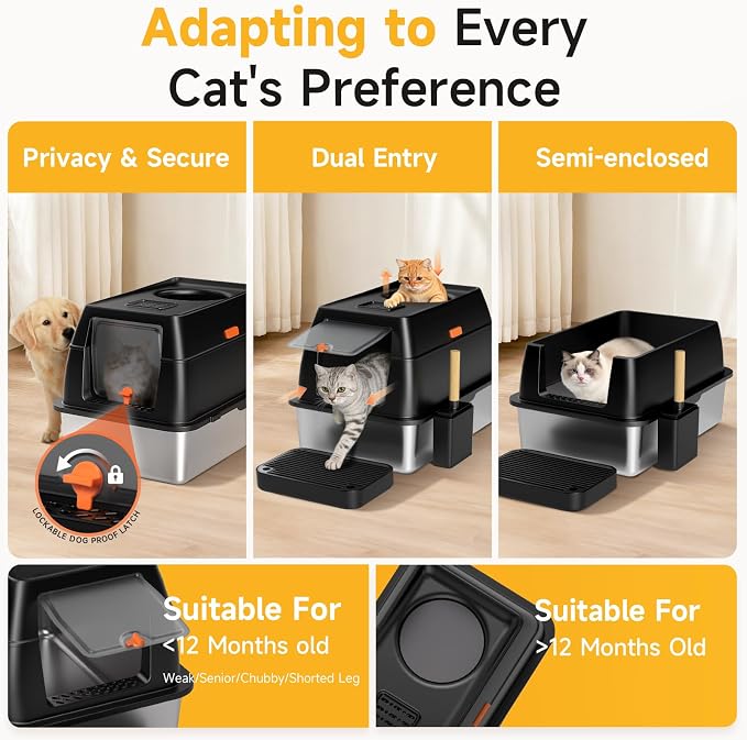 Extra Large Stainless Steel Litter Box with Lid, High Sided Enclosed Metal Cat Litter Pan, Dog Proof Front Entry Top Exit, Odor Control Easy Clean Leak Proof, Includes Scoop & Step, Black