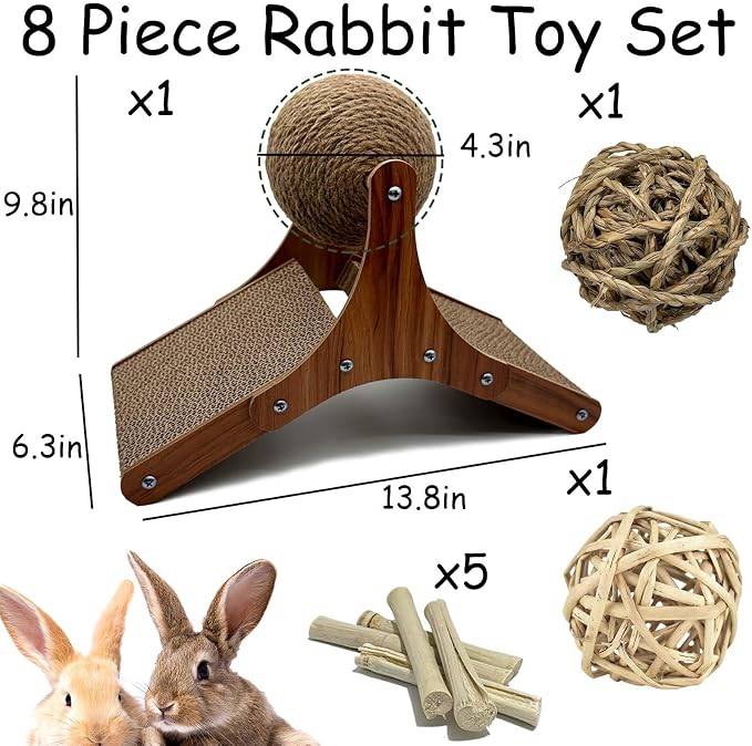 Rabbit Scratching Toys, Sisal Bunny Scratcher Ball and Scratch Cardboard Pad, Pet Enrichment Interactive Toy for Indoor Bunnies Ferrets Chinchillas Small Animals Boredom Breaker