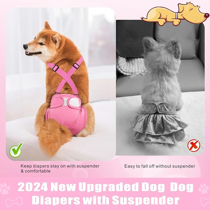 Idepet Female Dog Diapers with Suspender Detachable, 3 Pack Washable Reusable Girl Doggie Diapers for Small Medium Female Dog in Heat Period Cycle Urinary Incontinence Training XS