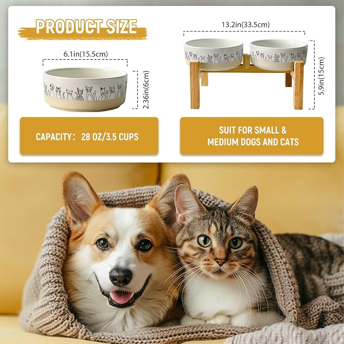 Elevated Ceramic Cat Bowls with Wooden Stand，6.1inch Raised Cat Bowls with Cute Pattern for Small and Medium Breed Dogs,2 Pack Cats Food and Water Bowl Set,Weighted Pet Dishes Dishwasher Safe