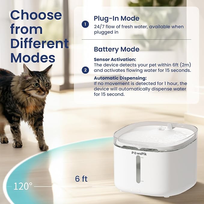 PawsPik NOVA-01 Wireless Cat Water Fountain, Rechargeable Cordless Cat Drinking Fountain with Water-Power Separation, Motion Sensor & Continuous Flow, Filtered Automatic Cat Water Dispenser, White