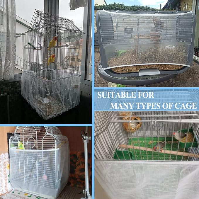ASOCEA Extra Large Bird Cage Seed Catcher Guard with Pet Bird Parrot Colorful Cotton Rope Universal Birdcage Cover Nylon Mesh Net for Parrot Parakeet Macaw Lovebird African Grey - White