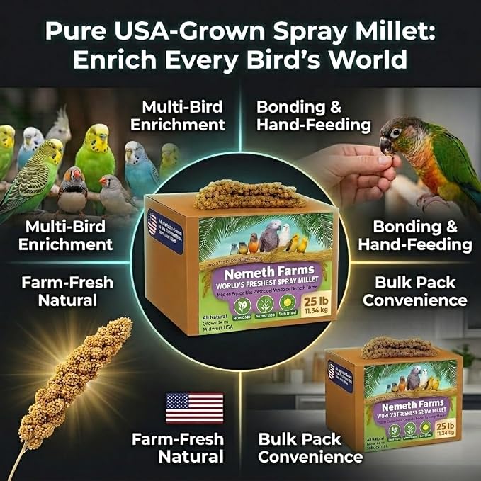 Nemeth Farms Spray Millet for Birds - Natural Non-GMO Millet Treat for Parakeets, Cockatiels & Parrots - 25 lb