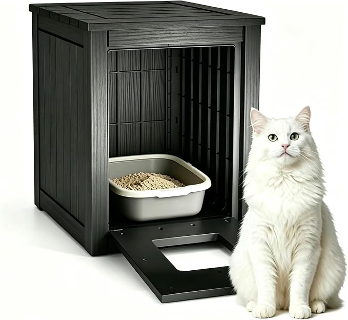 Cat Litter Box Enclosure, Multi-Purpose Resin Hidden Cat Litter Cabinet, Indoor Outdoor Weather Resistant Pet Litter Box Furniture, Easy Cleaning & Tool-Free Installation, Black