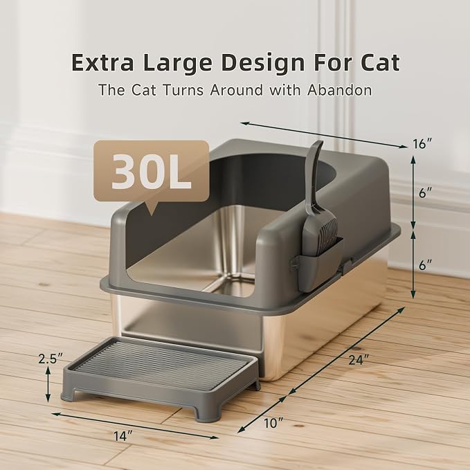 Booche High-Sided Stainless Steel Cat Litter Box,Stainless Steel Litter Box with Lid,Extra Large Cat Toilet, Easy-to-Clean Metal Litter Pan for Cats (24''L X 16''W X 12''H with Scoop&mat)
