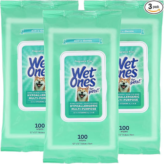 Wet Ones Multi Purpose Pets Wipes, 300 Count, Fragrance Free, Dog Wipes with Vitamins A C and E, Wet Lock Seal