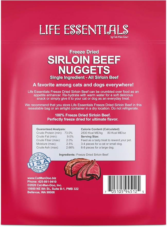 Life Essentials by Cat-Man-Doo | Sirloin Beef Nuggets - 6oz. Bag | Cooked & Freeze Dried Beef for Cat & Dog Treats | Healthy, Single Ingredient, Training Treats, High Protein