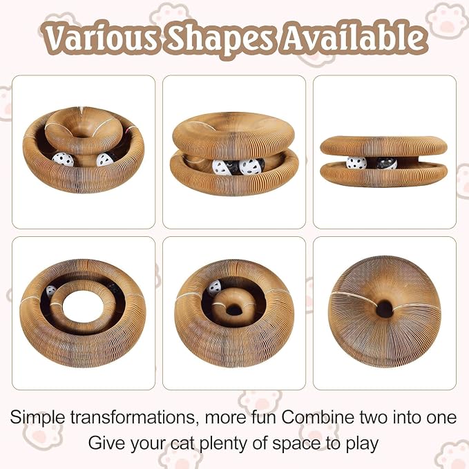 2 Pack Cat Scratcher Toys for Indoor Cats, Interactive Accordion Cardboard with Bell Ball, Foldable Infinity Style Cat Enrichment Toys