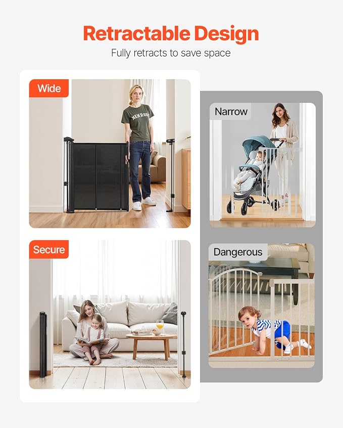VEVOR Retractable Baby Gate, 34 inch Tall, Extends up to 110 inch Wide, Retractable Gate for Kids or Pets, Mesh Material, Easy to Install for Indoor Stairs, Doorways, Hallways, Playrooms, Black