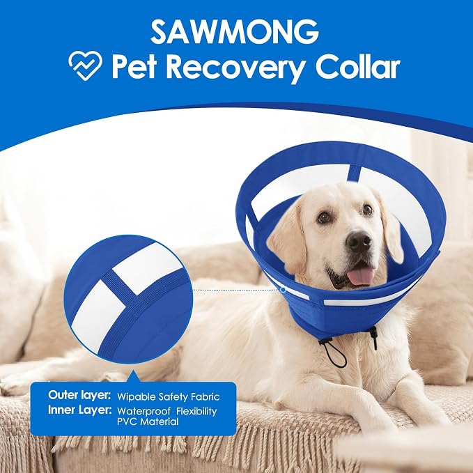 SAWMONG Soft Cone for Dogs – Medium Dog Recovery Collar, Adjustable E-Collar to Stop Licking After Surgery (M, Blue)
