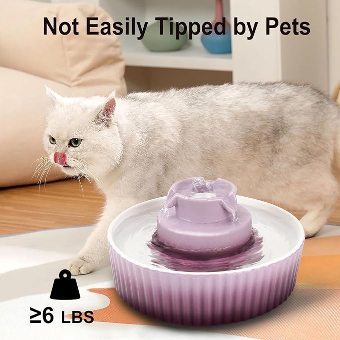 Lawfery Ceramic Cat Water Fountain, 2.1L/71oz Cat Fountain with 3 Carbon Filters and 2 Water Pumps, Cupcake Pet Water Fountain for Cats and Dogs (Purple)