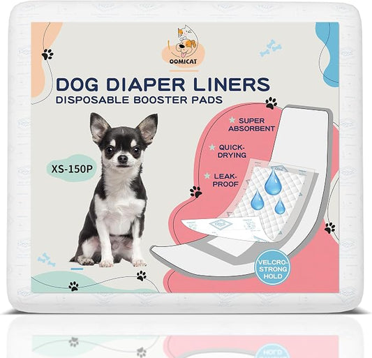 Dog Diapers Liners, 150 Ct, XS, Super Absorbent Booster Pads for Male Dog Wraps and Female Dog Diapers, Lnnovative Velcro Design, Super-fit & No Shifting