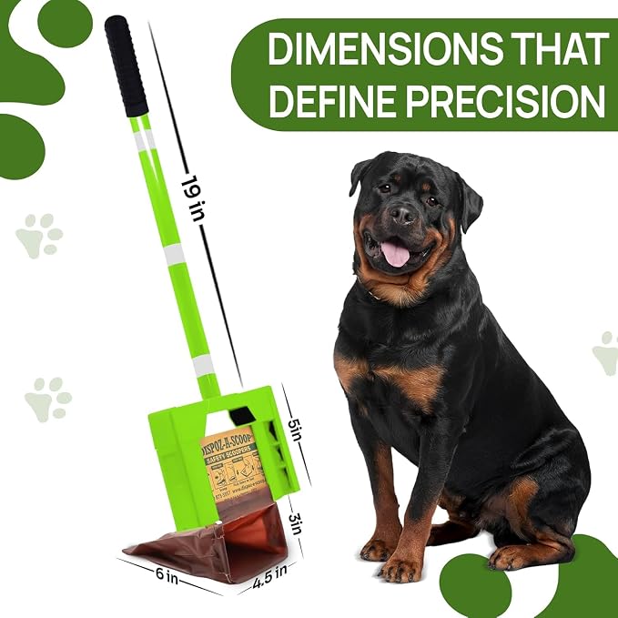 Dispoz-A-Scoop® Poop Scoop Bundle” 48 Refill Bags with Optional use, 24” Extender Handle. Quick-Clean-Easy. Never Needs Cleaning! U.S.A. Produced!