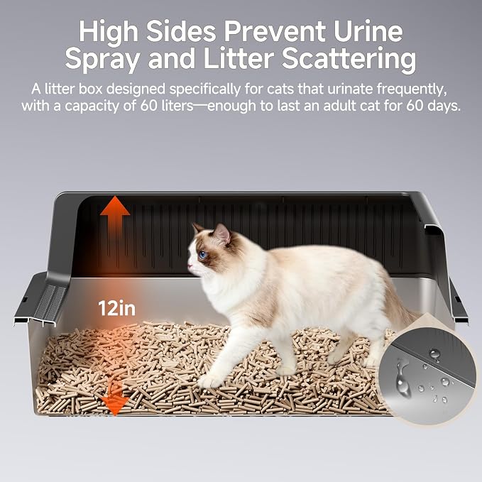 XXXL Stainless Steel Cat Litter Box with Lid (Black-A)