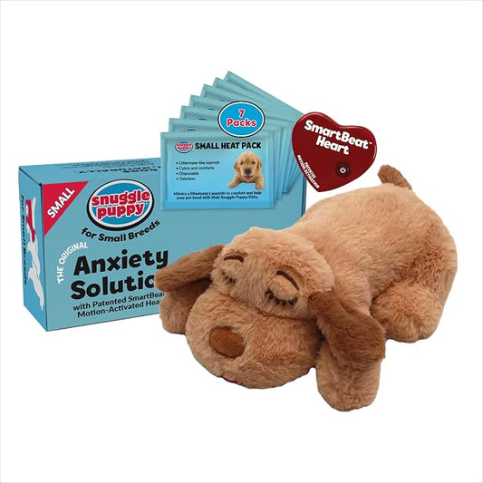 Snuggle Puppy Junior, Heartbeat Puppy Toy for Small Breeds, Smaller Plush Dog Toy with Real-Feel Pulse, Designed for Crate Use and Early Routines - Biscuit with 7 Overnight Heat Packs