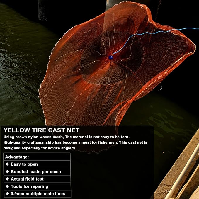 Drasry Saltwater American Fishing Cast Net 3/8inch Mesh Size for Bait Shrimp Trap Fish Heavy Duty Sinkers Throw Net 3FT/4FT/5FT/6FT/7FT/8FT/9FT/10FT Radius