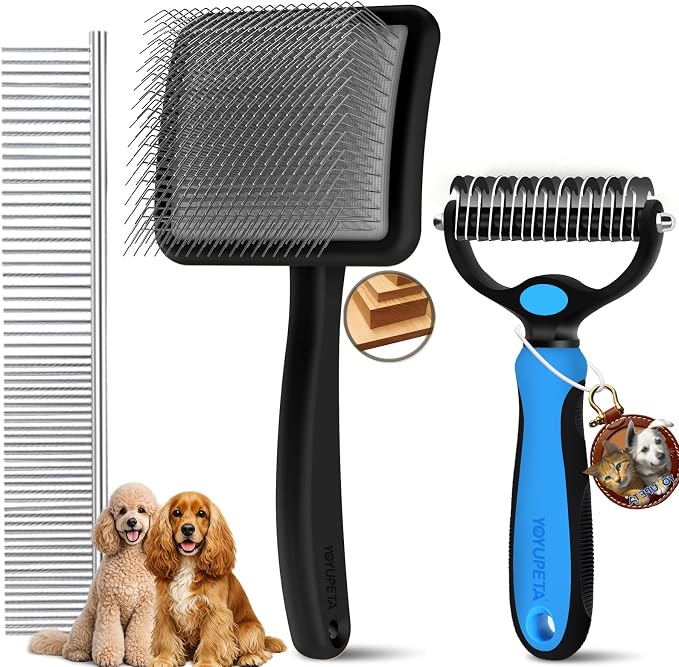 Large Dog Slicker Brush for Goldendoodles, Poodles - 3 in 1 Grooming Kit with Undercoat Rake, Comb - Extra Long Pins for Dematting Great Pyrenees, Thick Coats, Shedding, Detangling, Black