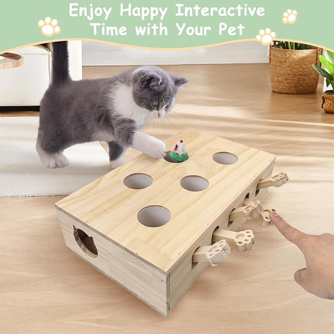 kathson Whack A Mole Cat Toy, Wooden Enrichment for Indoor Cat, Interactive Kitten Puzzle Toy for All Ages Cats Intelligence Training and Exercise (Rectangular)