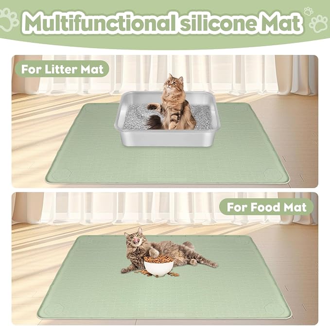 Kalolary Cat Litter Box Mats, Large 34" x 22" Silicone Cat Mat, Easy to Clean Kitty Litter Trapping Mat, Soft on Kitty Paws, Waterproof, Urine-Proof Kittys Litter Mats for Floor, Green