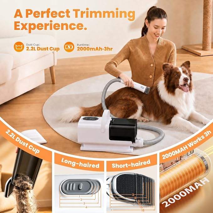 8-in-1 Dog Vacuum & Dryer Grooming Kit with Clipper, 3-Level Adjustable Speed & Temp,12000Pa Dog Vacuum for Shedding Grooming, 2.2L Dust Cup, 4.9ft Hose