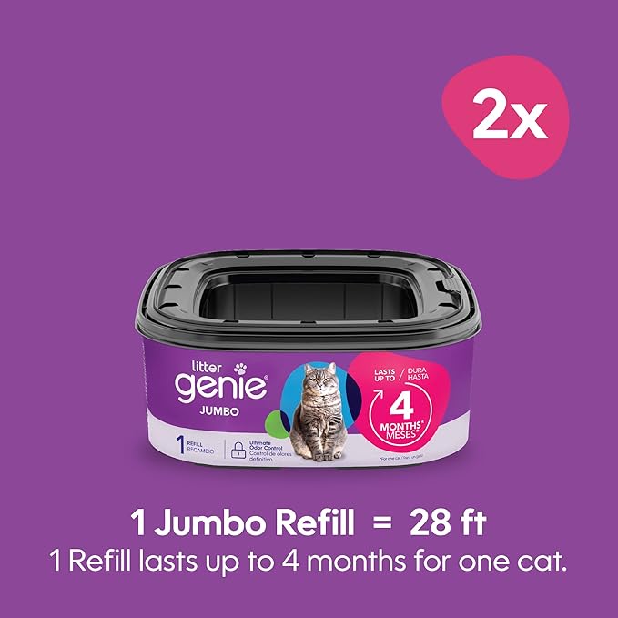 Litter Genie Refill Bags | Jumbo, 56 ft | Up to 8 Months of Supply in 2 cartridges | Ultimate Odor Control Cat Litter Bags, 2 Count (Pack of 3)