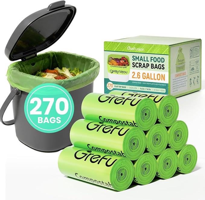 GreFusion Compostable Trash Bags, Small 2.6 Gallon, 270 Count, 0.72 Mils Thick, Eco Friendly, ASTM D6400 & BPI Certified, Composts Food Scraps, No Leaks