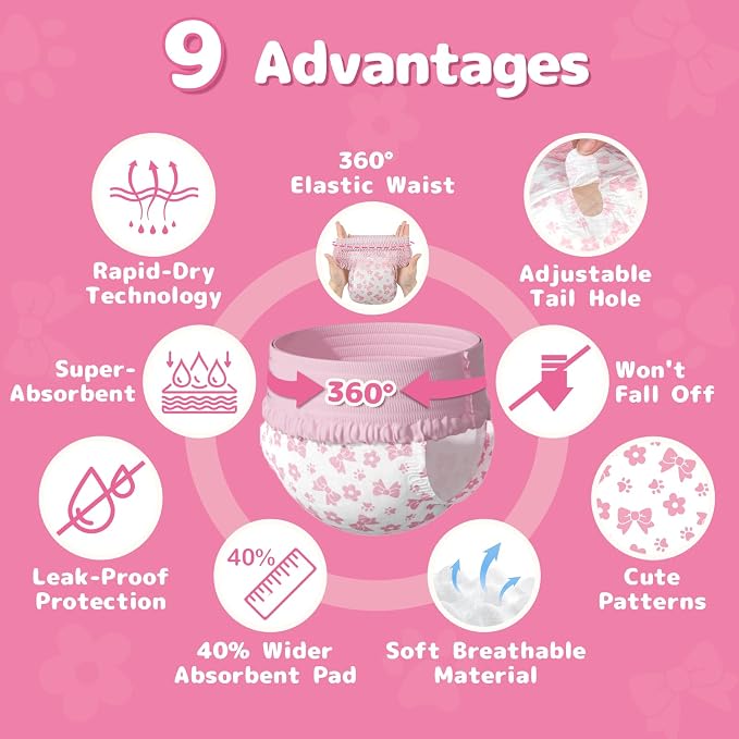 Dono Disposable Pull It Up Female Dog Diapers, 360° Stretchy Waist Puppy Diapers, Super-Absorbent Doggie Diapers with Rapid-Dry Technology Leak-Proof Design for Doggy in Heat Period, XS 60 Pcs