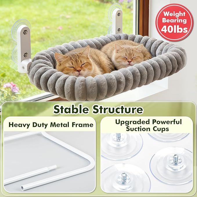 Zoratoo 2PC Cat Window Perch with Bolster Foldable Cat Hammock Cushion Bed for Window with Metal Frame, Cloud-Cuddle Cordless Window Resting Seat for Indoor Cats (Cushion Bed, Gray-M)