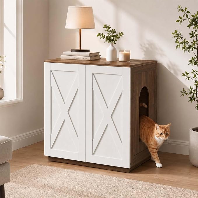 unipaws Extra Large Cat Litter Box Enclosure for Self-Cleaning & Automatic Litter Boxes, Tall Cabinet with Charging Station, Wooden Dog Proof Hidden Cat House for Top Entry Litter Box