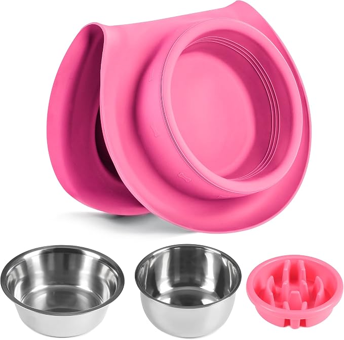100% Waterproof BPA Free Pet Dog Bowls2 Stainless Steel（53oz+27oz） with 1.35“ Raised Edge Silicone Mat + Slow Feed Dog Water and Food Bowls for Feeding Large Dogs Cats Puppies (Pink)