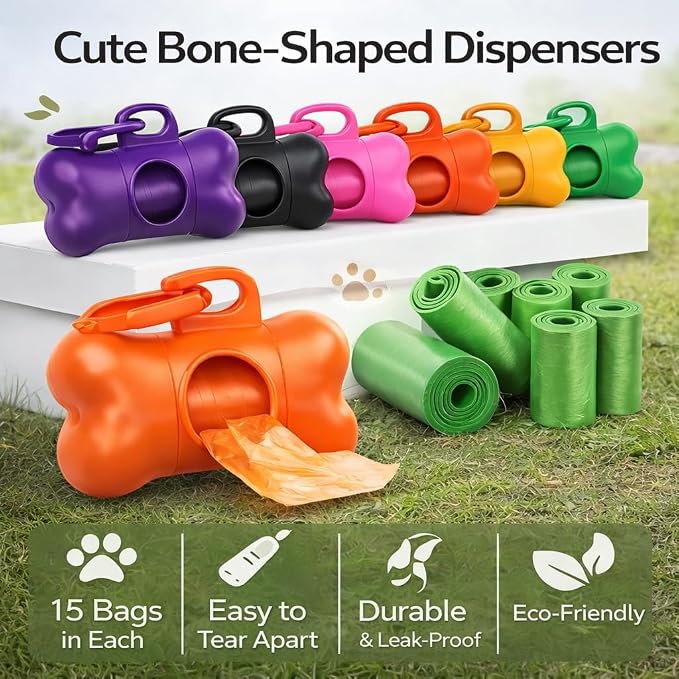 Dog Poop Bag Holders For Leashes Carabiner, Poop Bag Dispenser Unscented Biodegradable,21 Pcs Bone Shaped Doggy Waste Bags