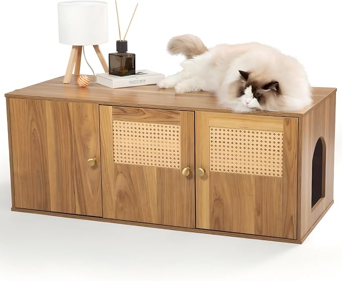 Cat Litter Box Enclosure Furniture with Storage, Hidden Litter Box Cabinet 42.5"L x 18.5"W x 16.9"H, Double as Cat House TV Stand End Table for Living Room, Midcentury Modern Style (Oak, Rattan Doors)