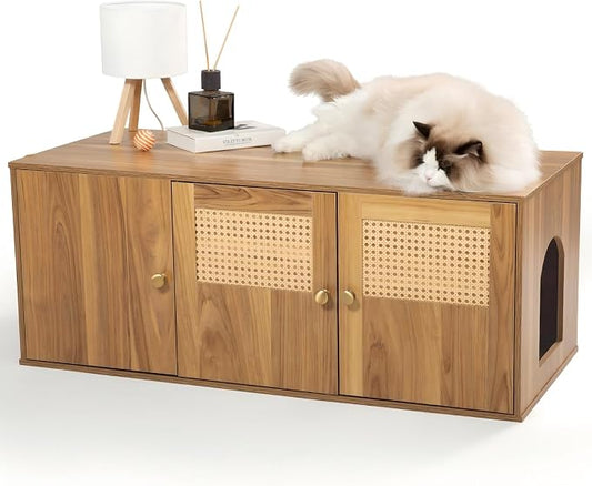 Cat Litter Box Enclosure Furniture with Storage, Hidden Litter Box Cabinet 42.5"L x 18.5"W x 16.9"H, Double as Cat House TV Stand End Table for Living Room, Midcentury Modern Style (Oak, Rattan Doors)