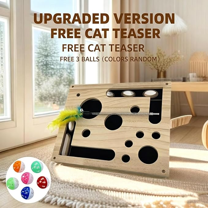 Cat Scratch Puzzle Enrichment Maze Box Wooden Nail File with Bell Ball Sandpaper Inside, Stress-Free Alternative to Nail Clippers and Grinders, for Cats that Hate Nail Trimming (Style-B)