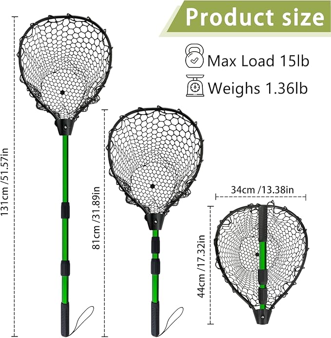 Telescoping Metal Lock Fishing Net with Handle Red Green 64" 52" Rubber Fish Net - Adjustable Length Lightweight Foldable Large Big Collapsible Extendable Fishing Net