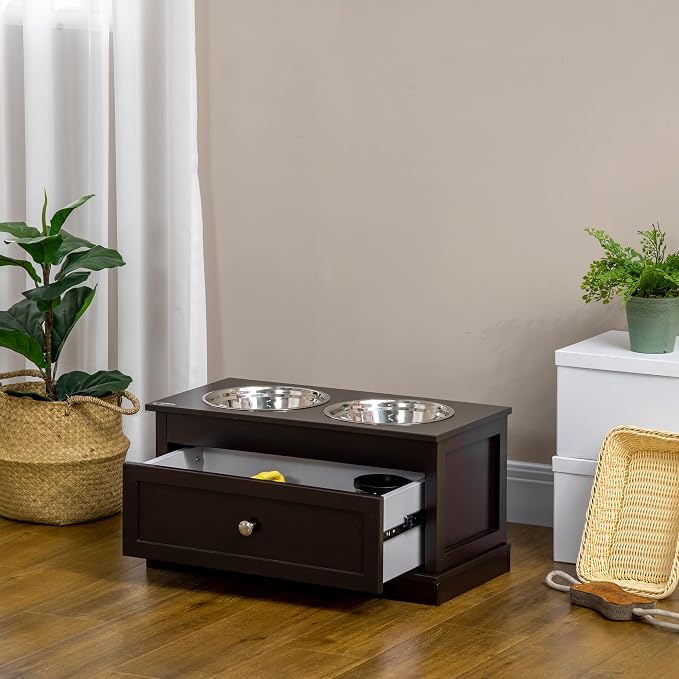 PawHut Large Elevated Dog Bowls with Storage Drawer - 11L Capacity, Raised Dog Bowl Stand Feeding Station, Brown