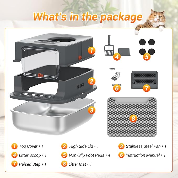 Cat Litter Box - Stainless Steel Litter Box with Lid for Large &Kitty,Enclosed Litter Box Includes Litter Scoop, Elevated Step Box, and Activated Carbon Pack, 23.6“ x 16.9” x 16", Dark Gray