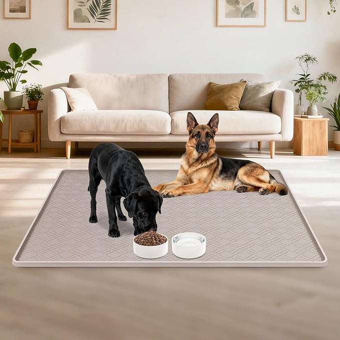 Dog Food Mat, 42" x29" Large Silicone Mat Dog Feeding Mat with Raised Edge Non-Slip Pet Feeding Mat for Food and Water Bowl, Easy to Clean, Floor Protection (Beige)