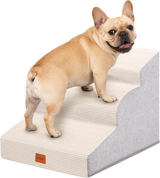 Dog Stairs for Small Dogs,15.7" H,3-Step Curved Pet Ramp for Bed Couch Sofa and Chair,Non-Slip Pet Steps for Injured & Senior Pets with Washable Cover and Durable High Density Foam,Beige