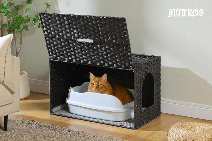 MUTTROS Rattan Cat Litter Box Enclosure - Hidden Litter Box Furniture by Handwoven Wicker with Taller Doorway & Raised Edge Mat-Cat House Cabinet for Large Cats Indoor Living Room Odor Control, Black