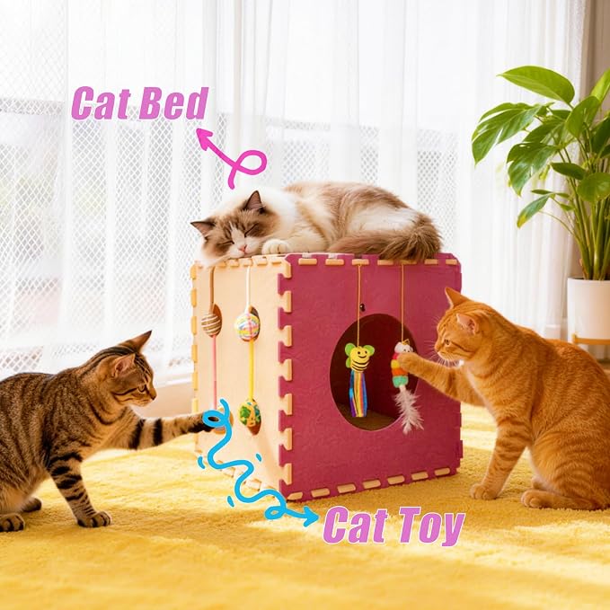 Larger-Size Interactive Cat Toys for Indoor Cats, Kitten Toys, Catnip Toys, Cat Wand, Feather Wand, Bells & Balls for Indoor Cats,30 Pcs Puzzle Box with Cooling Mat